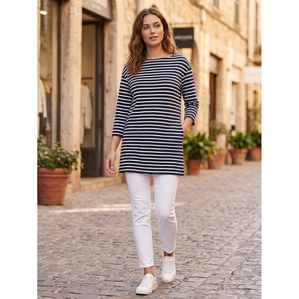 Spanx Navy White Striped Tunic Top Boat Neck 3/4 Sleeve Pockets Large TDPFF5SSH